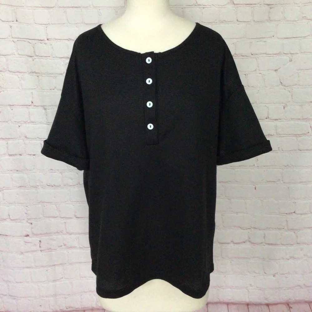 SHEIN Black Waffle Weave Cuffed Short Sleeve Oversized Top - Size Medium